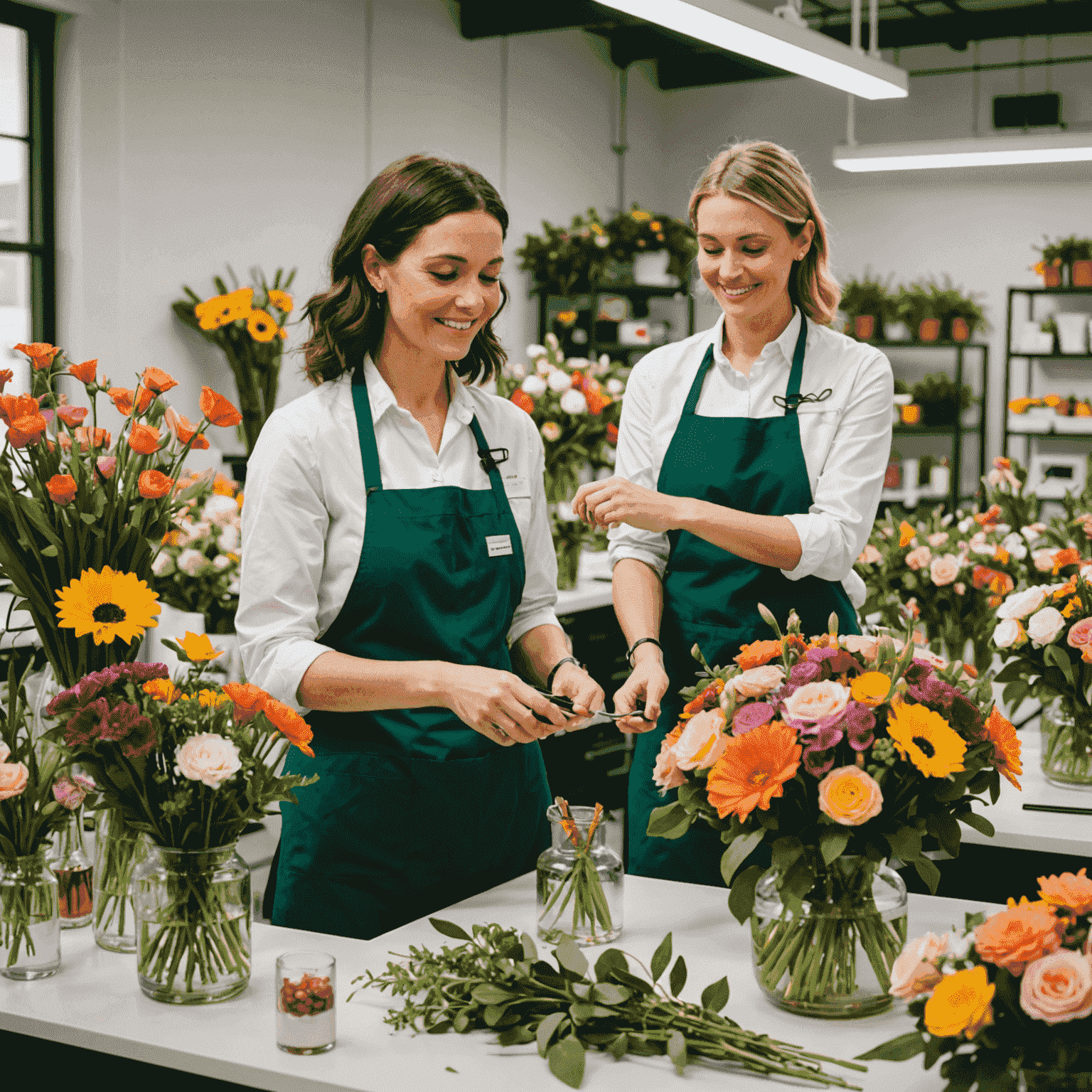 Il team di 1win Florist al lavoro nel nostro laboratorio floreale. Fioristi esperti che creano composizioni uniche con fiori freschi e colorati.