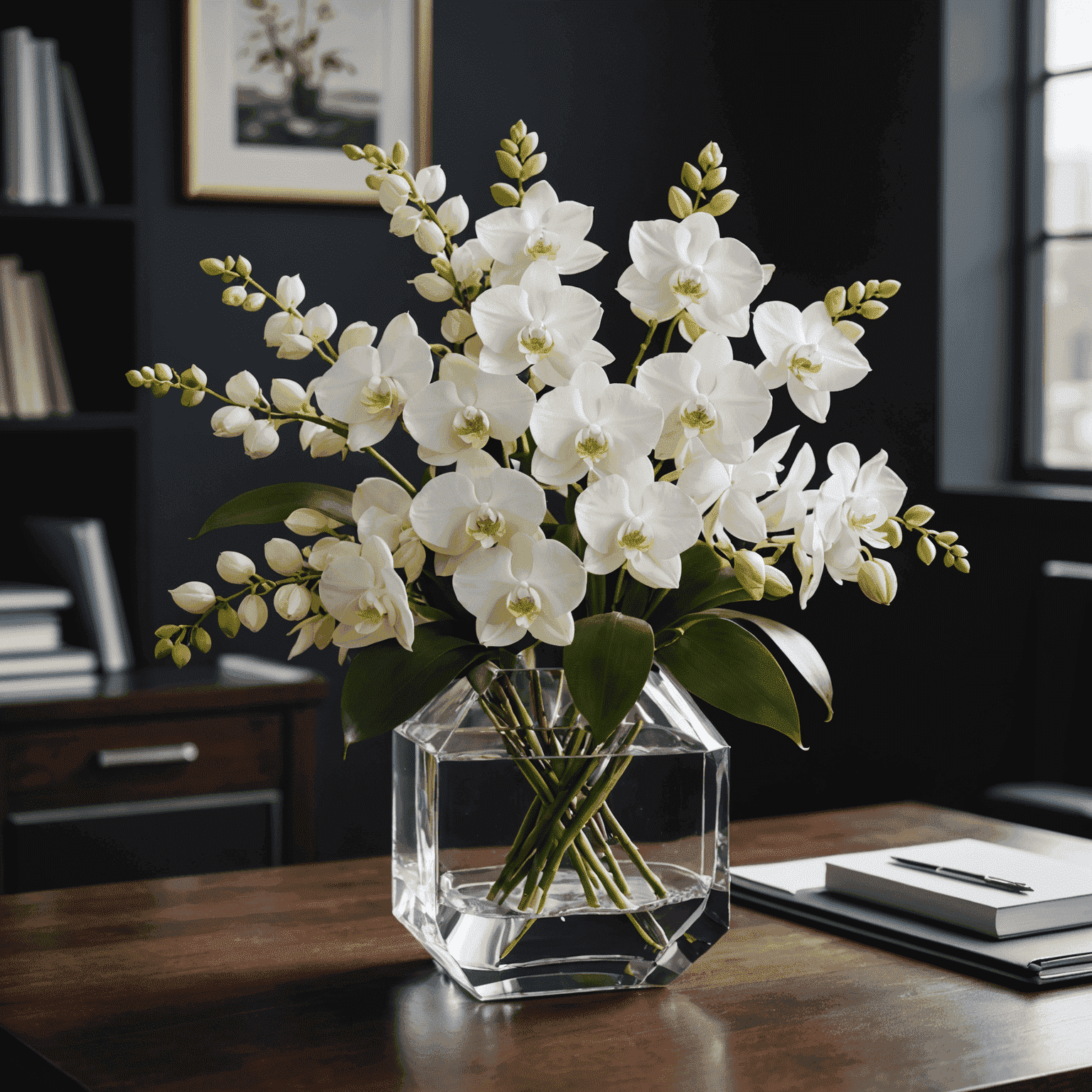 Elegante composizione floreale con rose bianche e orchidee in un vaso di cristallo, posizionata su una scrivania in legno scuro in un ufficio moderno