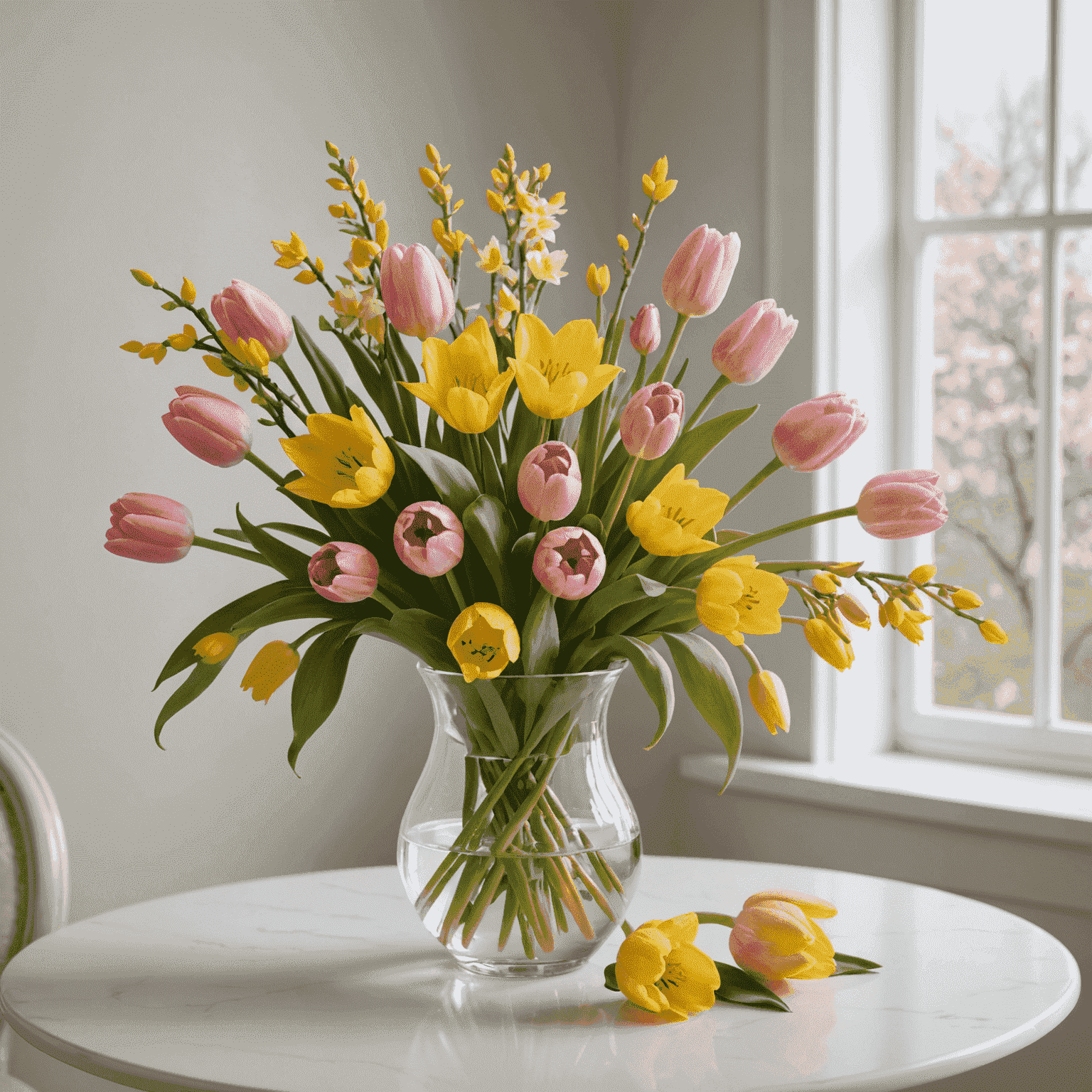 Un elegante bouquet primaverile con tulipani rosa, narcisi gialli e rami di pesco in fiore in un vaso di vetro su un tavolo bianco