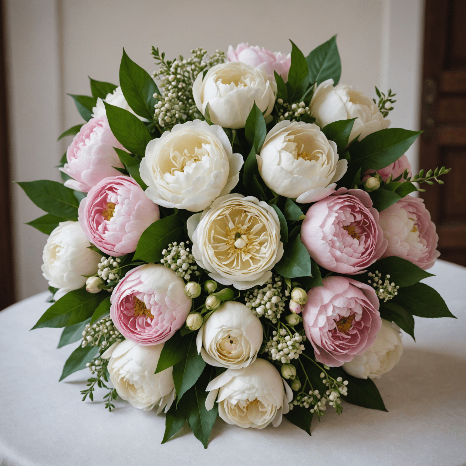 Un elegante bouquet da sposa con rose bianche e peonie rosa, circondato da decorazioni floreali per un matrimonio italiano