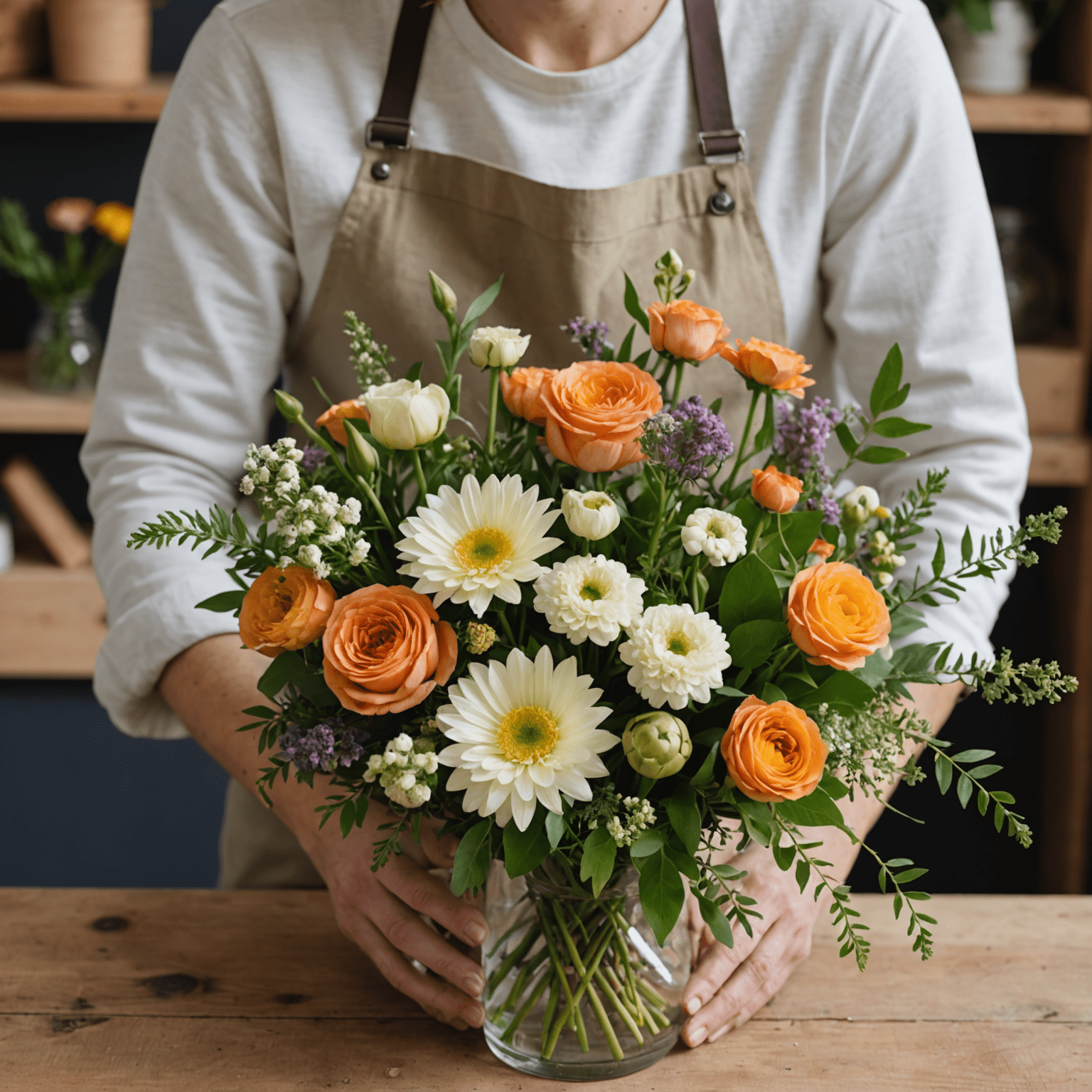 Un fioraio che crea una composizione floreale utilizzando tecniche sostenibili, con fiori di stagione e materiali biodegradabili