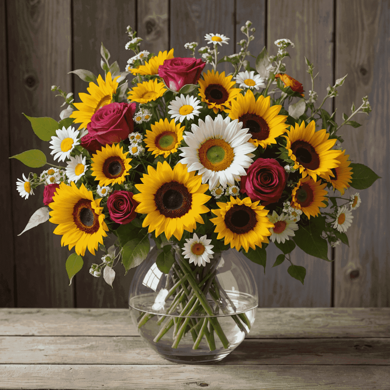 Una composizione floreale colorata e variegata con rose, girasoli e margherite in un vaso di vetro su un tavolo di legno