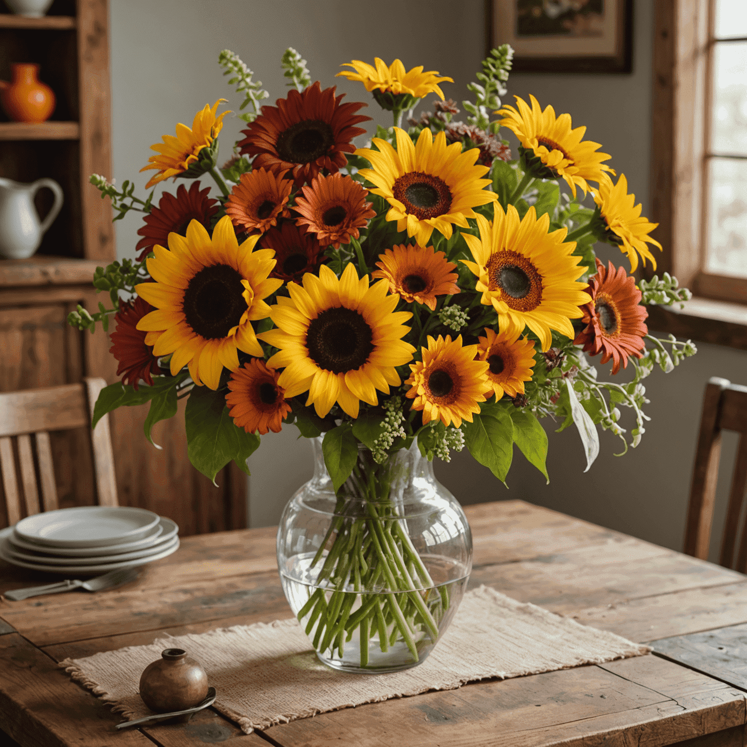 Composizione floreale colorata e vivace con girasoli, gerbere e lilium in un vaso rustico, posizionata su un tavolo da pranzo in una casa accogliente