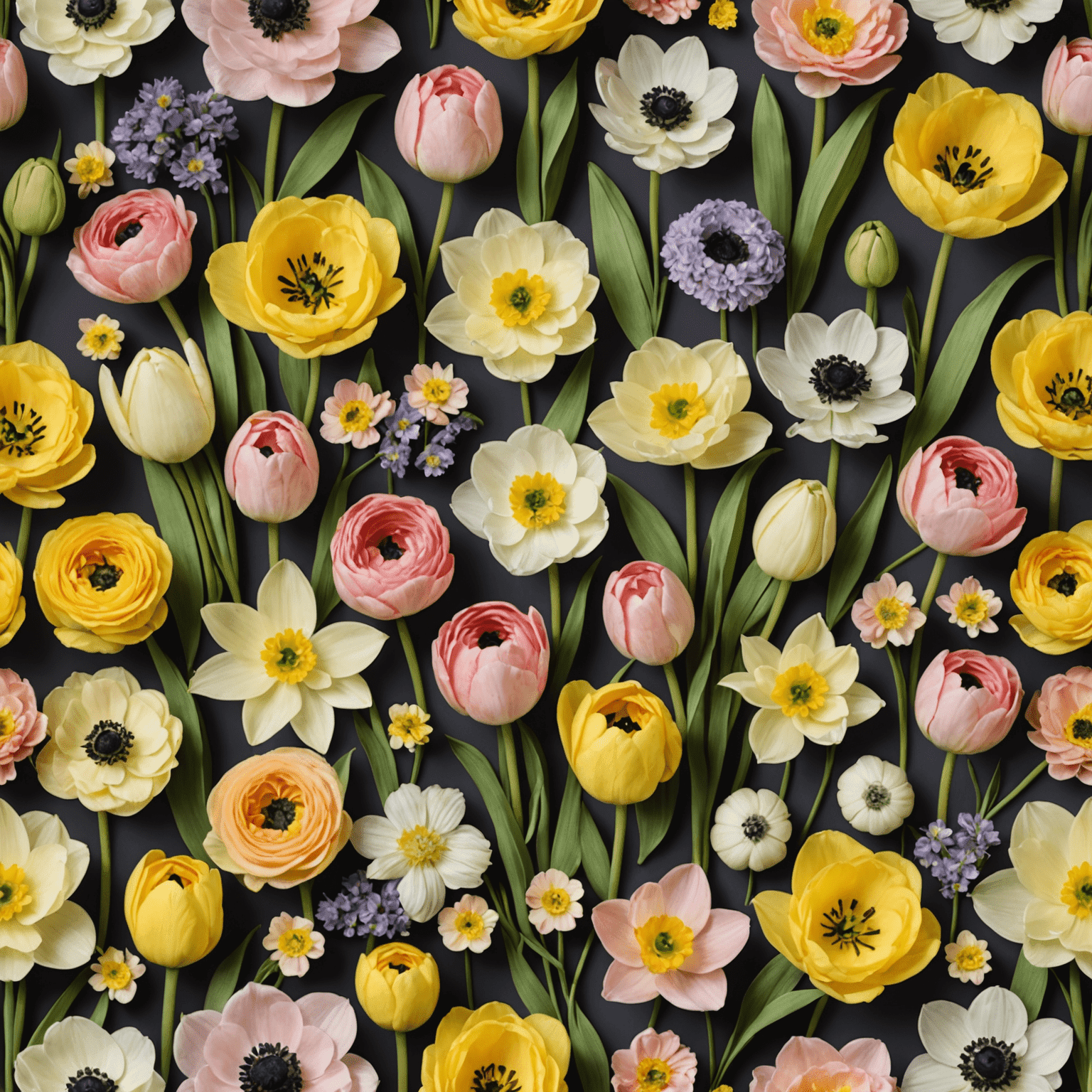 Un assortimento di fiori primaverili tra cui tulipani, narcisi, ranuncoli e anemoni in vari colori pastello