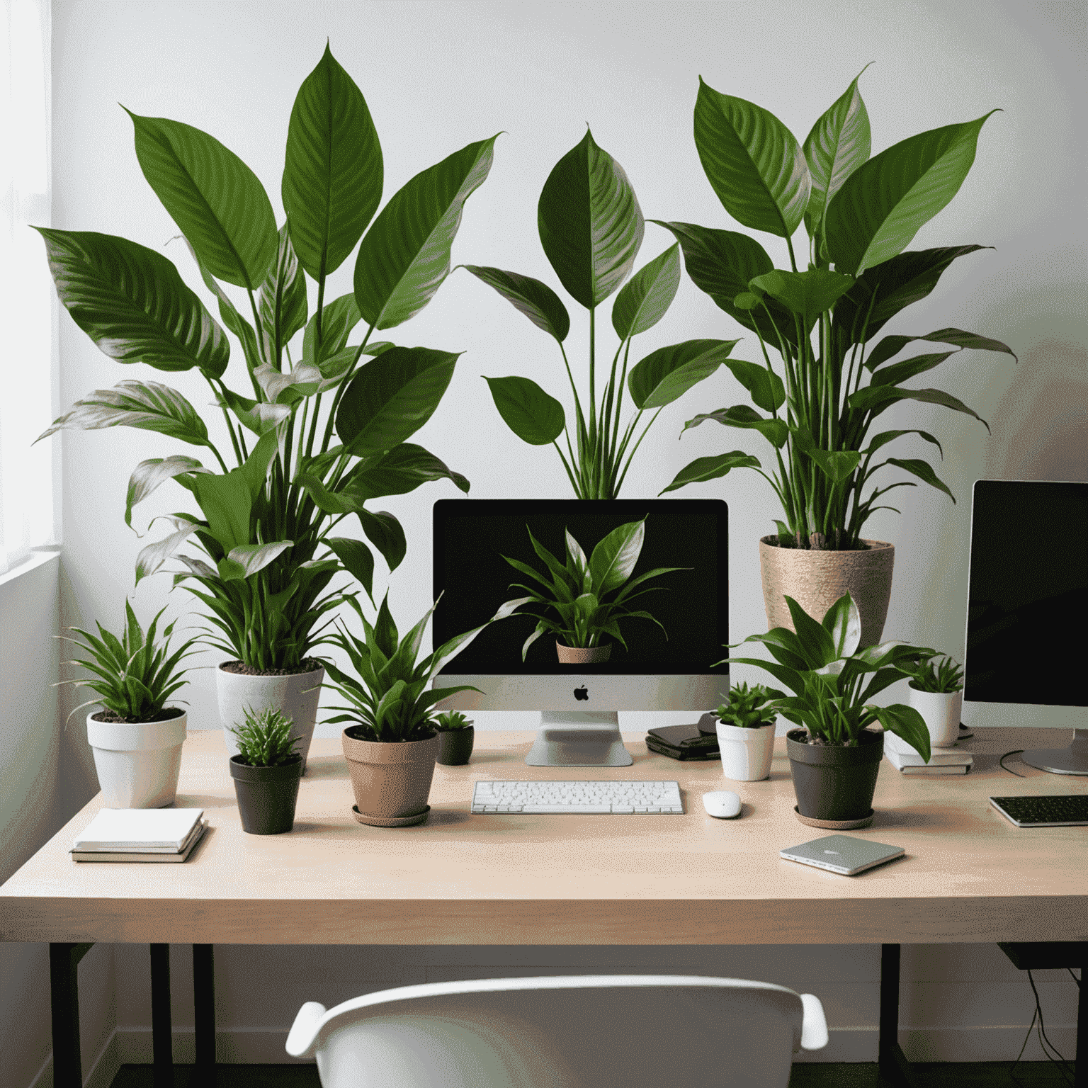 Una composizione di diverse piante da ufficio, tra cui Pothos, Sansevieria e Spathiphyllum, disposte su una scrivania moderna