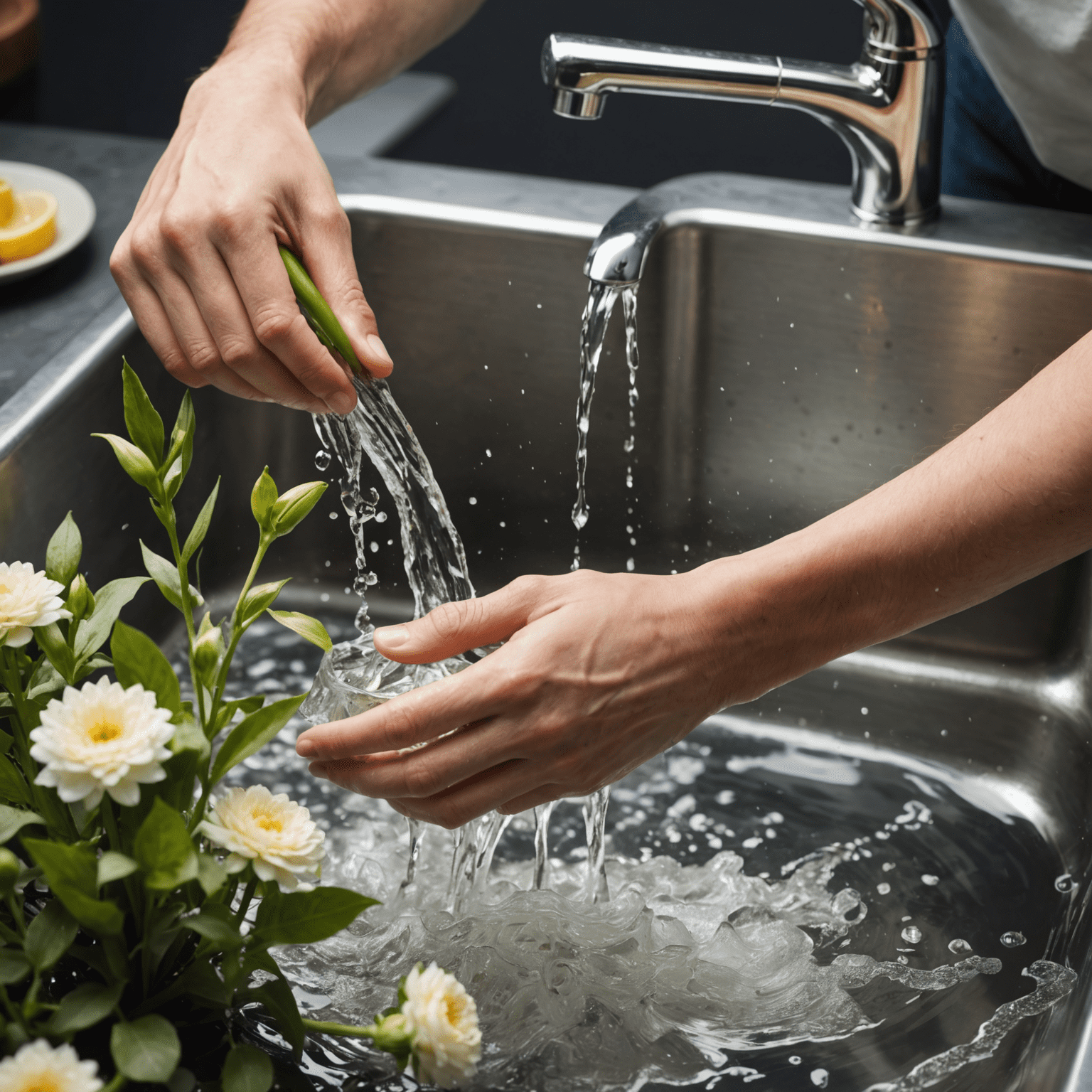 Mani che tagliano gli steli dei fiori in diagonale sotto l'acqua corrente