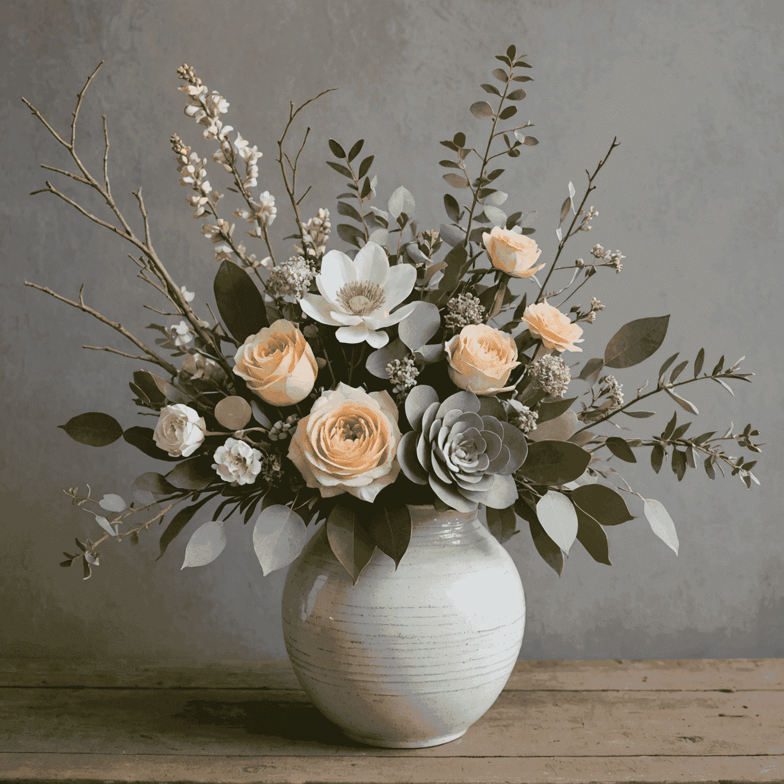 Un bouquet primaverile con una varietà di fiori pastello, foglie di eucalipto e ramoscelli, disposto in un vaso di ceramica artigianale