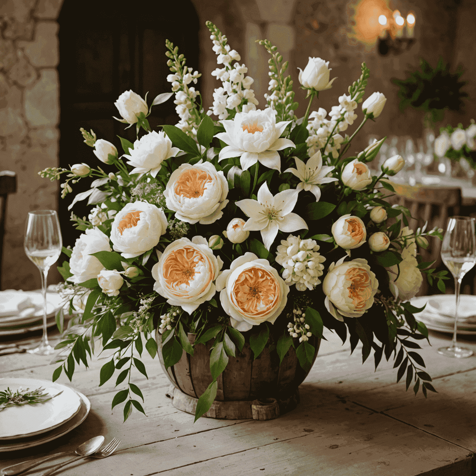 Una splendida composizione floreale per un matrimonio italiano con una miscela di rose, peonie, gigli e gelsomino, disposta su un tavolo decorato in stile rustico italiano